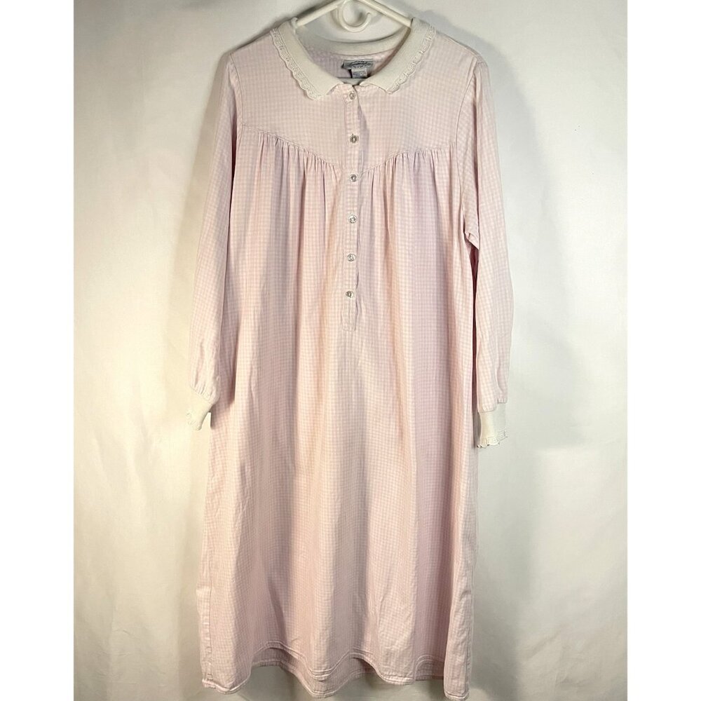 Vintage Lanz of Salzburg Pink Gingham Cotton Nightgown | Knit Collar | Size L